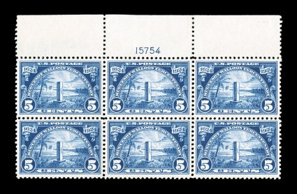 616, 5c Huguenot-Walloon Tercentenary, full top margin plate no. 15754 block of six, extraordinarily well centered, deep rich color, strong and intact perforations, o.g., n.h.,
extremely fine not often seen this choice ex-Floyd.