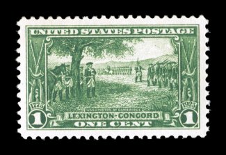 617, 1c Lexington-Concord, exceptionally large and perfectly balanced margins all around, beautiful rich color, pristine o.g., n.h., an extremely fine gem 2007 PSE certificate
(Superb 98 SMQ $320.00).