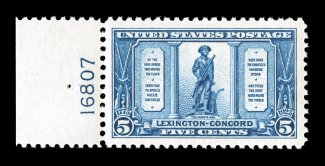 619, 5c Lexington-Concord, left margin plate no. 16807 single, extraordinarily well centered within very large margins, strong rich color on crisp white paper, o.g., n.h.,
extremely fine 2007 PSE certificate (XF-Superb 95 SMQ $275.00).