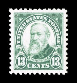 622, 13c Green, a magnificent mint example, featuring enormously large and perfectly balanced margins all around, gorgeous rich color and a well incised impression on
brilliantly white paper, flawless o.g., n.h., an extremely fine gem for the pe