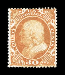 38, 30c Orange, a highly desirable mint example of this notoriously difficult stamp, being very well centered within much wider margins than normally encountered on this closely
spaced stamp, strong and particularly vibrant color (completely una