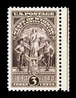 897, 3c Wyoming Statehood, right sheet-margin single, absolutely perfectly centered within especially large margins, deep luxuriant color, o.g., n.h., superb 2007 PSE
certificate (Gem 100 SMQ $200.00) this highest grade given to this stamp,