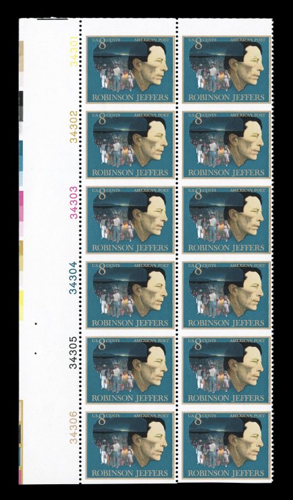 1485a, 8c Jeffers, vertical pair, imperforate horizontally, six such error pairs in a left margin plate number block of twelve, bright and fresh, o.g., n.h., fine-very fine not
listed as a plate block, cataloged as six pairs.