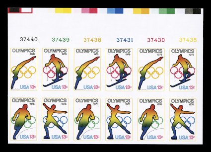 1698b, 13c Olympics se-tenant block of four, imperforate, rarely seen top right corner margin six plate nos. block of twelve, containing three error blocks, large margins, o.g.,
n.h., extremely fine only a few plate blocks exist.