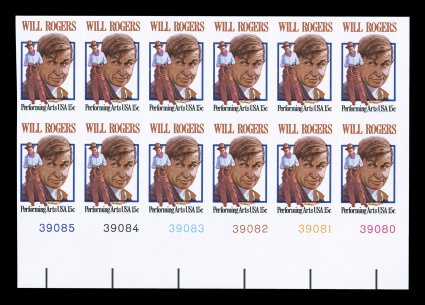 1801a, 15c Will Rogers, imperforate, a rare bottom right corner margin plate number block of twelve, containing six error pairs, generous margins, o.g., n.h., extremely fine and
seldom seen.