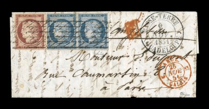 France Yvert 4, 6, 1849 25c Blue horizontal pair and 1Fr Carmine, each with large balanced margins, tied on arrival to petite folded 1851 entire letter to Paris by French roller
grill cancel, bold black Basse-TerreGuadeloupe2 Nov. 1851 doubl