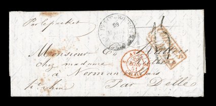 1851 Petit Bourg unpaid stampless entire letter to France, exceedingly rare Petit-BourgGuadeloupe28 Mars 1851 double-circle c.d.s. on entire folded letter with similar Basse
Terre transit c.d.s. on the reverse, carried per British packet via