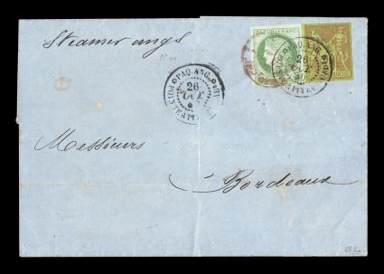 French Colonies Yvert 17, 42, 1872-79 5c Green on blue and 20c Brick red on green, Ty. II, singles of each with well clear to large margins all around, tied to 1879 folded cover
to France by Paq. Ang.Pointe-a-Pitre Guade26 Oct. 80 double-cir