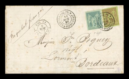 French Colonies Yvert 31a, 42, 1877-79 5c Green on green, Ty. II, and 20c Brick red on green, Ty. II, attractive combination of Sage imperforates with well clear to large
margins, tied to 1880 folded cover to France by Paq. Fr.Pointe-a-Pitre G