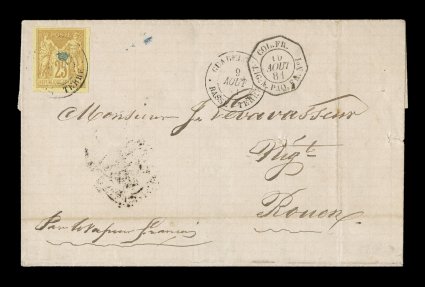 French Colonies Yvert 44, 1880 25c Bister Yellow, Ty. II, well margined and bright single franking paying the 25c U.P.U. rate, tied to 1881 folded cover to France by black
GuadeloupeBasse Terre9 Aout 81 double-circle c.d.s. with additional s