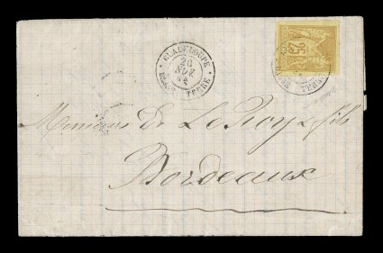 French Colonies Yvert 44, 1880 25c Bister Yellow, Ty. II, premium single with extraordinarily large margins all around paying the 25c U.P.U. rate, tied to 1881 entire folded
letter to France by black GuadeloupeBasse Terre20 Nov. 81 double-ci