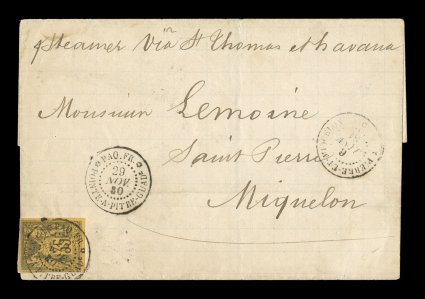 French Colonies Yvert 45, 1878 35c Violet black on yellow, Ty. II, four clear to large margins, a scarce value in single franking tied to 1880 folded cover to St. Pierre and
Miquelon by Paq. Fr.Pointe-a-Pitre Guade29 Nov. 80 double-circl