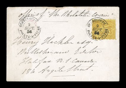 French Colonies Yvert 53, 1881 25c Bister yellow, four 1882-84 covers with single frankings of the new perforated General French Colonies issue paying the 25c U.P.U. rate for
foreign mail, three are to France including two from Basse Terre by Fr