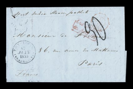 1853 Port Louis unpaid stampless cover to France, extremely rare Port-LouisGuadeloupe27 Juin 1853 double-circle c.d.s. on attractive folded cover to France, ms. West India Steam
packet carried via England with London transit on the reverse,