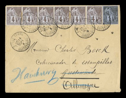 French Colonies Yvert 46, 48, 1881 1c Black on blue and 4c Lilac Brown on gray strip of five and single, an unusual and impressive franking making the 25c U.P.U. rate, tied to
1888 cover to Germany by Basse TerreGuadeloupe14 Sept 88 c.d.s.,