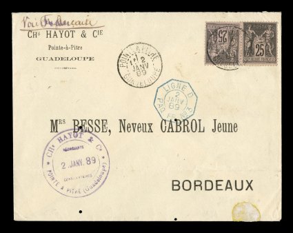 France Yvert 97, 1886 25c Black on rose, Ty. II, a most unusual franking of the French perforated Sage issue used in Guadeloupe, two singles tied to an 1889 double-rate cover to
France by Pointe-a-PitreGuadeloupe2 Janv 89 small double-circle