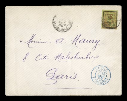 Yvert 5, 1889 Guadeloupe25centimes Provisional surcharge on 20c Brick red on green, attractive single paying the 25c U.P.U. rate to France, tied by indistinct
Pointe-a-PitreGuadeloupe2 Mars 89 c.d.s. to 1889 cover to France, attractive P