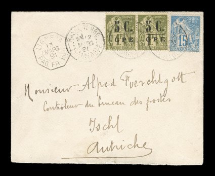 Yvert 11, 1891 5cGPE Provisional surcharge on 1Fr Olive horizontal pair, in mixed franking with French Colonies 15c Blue (Yvert 51), tied to handsome 1891 cover to Austria by
Basse TerreGuadeloupe12 Mars 91 double-circle c.d.s. with