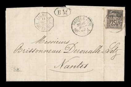 Yvert 21, 1891 25c Black on rose with provisional Guadeloupe overprint, attractive single tied to 1892 entire folded letter to France by Pointe a PitreGuadeloupe10 Sept. 92
c.d.s. with additional strike at left, clear BM in oval handstam