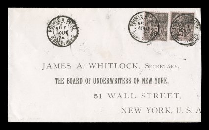 Yvert 21, 1891 25c Black on rose with provisional Guadeloupe overprint, Guadelonpe variety, a scarce variety along with a normal single that are both quite well centered, tied
to 1892 cover to the United States by well struck Pointe a Pitre
