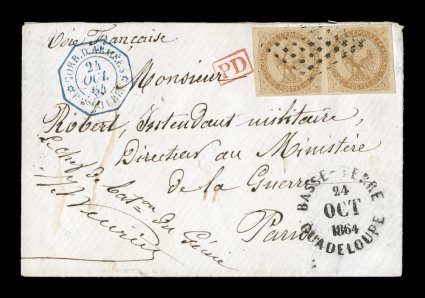 French Colonies Yvert 3, 1859 10c Yellow bister horizontal pair, a marvelously choice pair with large and well balance margins all around, tied to beautiful 1864 small envelope
sent by the military concessionary rate to France by black lozen