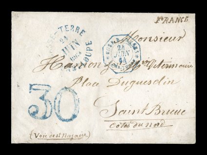 1864 Basse Terre unpaid military cover, to France, carried by French packet as indicated by the ms. routing instruction through St. Nazaire, unusual and scarce blue
Basse-TerreGuadeloupe24 Juin 1864 rimless c.d.s. on attractive small enve