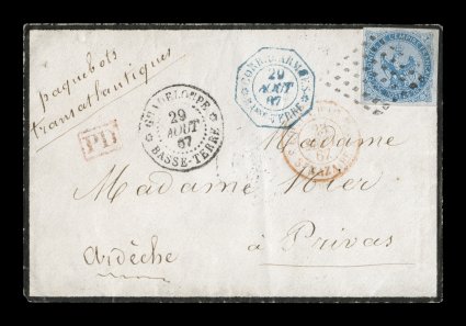 French Colonies Yvert 4, 1865 20c Blue, attractive four-margin example in a single franking paying the 20c military concessionary rate, tied to petite 1867 mourning cover by
neat 7x7 point black lozenge cancel, small black GuadeloupeBasse-Terr
