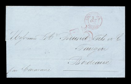 1852 Pointe-a-Pitre unpaid stampless entire letter to France, this letter is datelined Pointe a Pitre27 Juilles 1853 and was evidently given directly to the ships captain rather
than going through the Guadeloupe post office, red double-line 