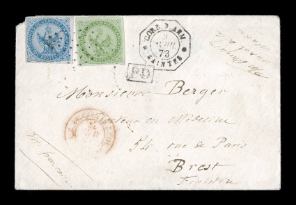 French Colonies Yvert 2, 4, 1862-65 5c Green and 20c Blue, singles of each with four clear to large margins, a phenomenally rare military cover from the tiny village of Saintes
located on the small islands south of Basse Terre, stamps tied t