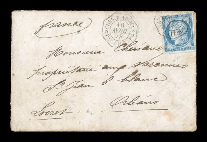 French Colonies Yvert 23a, 1872 25c Blue, Ty.III, mostly large margins just touching at one corner, tied to small 1878 cover by black lozenge Corr. D. Arm.Pte a Pitre10 Avril 78
octagonal military postmark with an additional clear strike at
