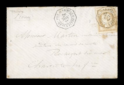 French Colonies Yvert 19, 1877 15c Bister, a rare military usage of this scarce value paying the 15c military concessionary rate to France, clear to extraordinarily large
margins showing portions of several adjacent stamps, tied to small 1880 co