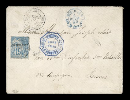 Yvert 19, 1891 15c Blue with provisional Guadeloupe overprint, well centered single tied to unusual military cover to France by  Cor.D. ArmeesSaint-Claude1 Fevr. 93
double-circle military c.d.s. with additional strike above, Basse Terre tr