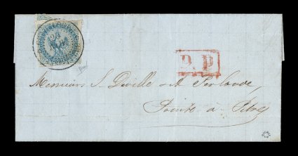 French Colonies Yvert 4, 1865 20c Blue, choice single with four full even margins, tied to 1865 folded cover to Pointe-a-Pitre by socked-on-the-nose GuadeloupeBasse-Terre20 Nov.
double-circle c.d.s. with year date omitted, large red P.P bo