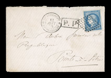 French Colonies Yvert 23, 1872 25c Blue, Ty. I, attractive single franking with large margins and deep color, tied to 1873 domestic cover by lovely 8x8 point black lozenge,
matching GuadeloupePointe-a-Pitre12 Juin 73 double-circle c.d.s. and