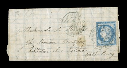 French Colonies Yvert 23a, 1872 25c Blue, Ty. III, similar single franking as the previous for the special 25c domestic rate by ship, stamp with clear to large margins, tied to
1877 entire folded letter by GuadeloupeBasse-Terre6 Sept. 77 dou