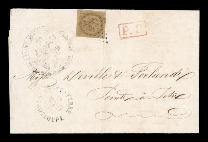 French Colonies Yvert 3, 1859 10c Yellow bister, three large margins, just touching at right, paper with overall browning from the gum, an extremely rare single franking tied to
1865 entire folded judicial notice to Pointe-a-Pitre by black lozen