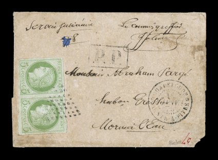 French Colonies Yvert 17, 1872 5c Green on blue horizontal pair, four clear to large margins, tied to entire 1875 folded judicial notice to the small town of Morne-a-lEau by
black lozenge cancel, GuadeloupePointe-a-Pitre18 Janv. 75 double-c
