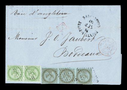 French Colonies Yvert 1, 2, 1862 1c Olive on pale blue horizontal strip of three and 5c Green horizontal pair, both exceptionally attractive, the strip barely cutting at top,
otherwise clear to large margins, neatly tied to 1863 entire folded co