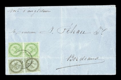 French Colonies Yvert 1, 2, 1862 1c Olive on pale blue and 5c Green, nicely margined vertical pairs of each, tied to each other on 1866 folded cover of a commercial bulletin to
France by black GuadeloupePoint-a-Pitre10 Avril 66 double-circle
