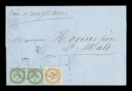 French Colonies Yvert 1, 3, 1859-62 1c Olive on pale blue horizontal pair and 10c Yellow bister, mostly clear to large margins, the 10c single just in at left, tied to 1867
folded cover of a commercial bulletin by black GuadeloupePoint-a-Pitre