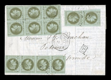 French Colonies Yvert 7, 1872 1c Olive on pale blue block of six (2x3) plus horizontal strip of four and vertical pair, an astounding franking paying the 12c printed matter rate
to France, all but one stamp in the strip with clear to large margi