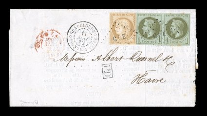 French Colonies Yvert 7, 11, 1871-72 1c Olive on pale blue horizontal pair and 10c Bister, both with attractive clear to large margins, tied to 1872 folded cover of a commercial
bulletin by very rare black GPE in lozenge of dots cancel, ma
