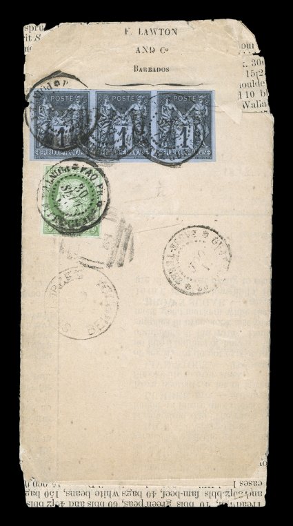 French Colonies Yvert 17, 37, 1872-77 5c Green on blue and 1c Black on blue, Ty. II, horizontal strip of three, an extremely rare 8c franking paying the foreign printed matter
rate to St. Johns, Newfoundland, stamps with rich colors and clea