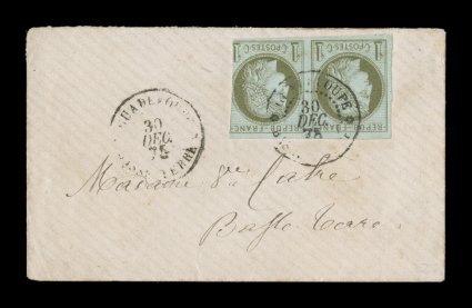 French Colonies Yvert 14, 1873 1c Olive on pale blue horizontal pair, margins to just cut in at right, tied to tiny 1875 note cover paying the extremely rare local printed
matter rate, the pair is tied by black GuadeloupeBasse Terre30 Dec 75