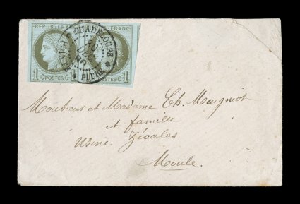 French Colonies Yvert 14, 1873 1c Olive on pale blue horizontal pair, attractive with rich color and just clear to extra-large margins all around, tied to tiny 1880 note cover
to Moule by neat black GuadeloupePoint a Pitre30 Dec 80 double-ci