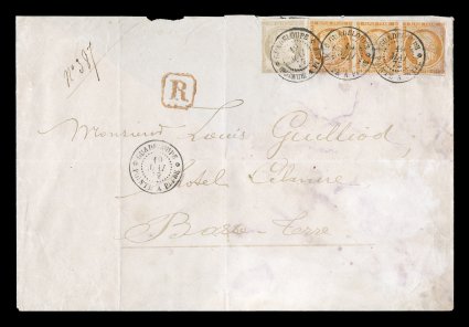 French Colonies Yvert 13, 20, 1871-72 40c Orange strip of three and 30c Brown, an unusually high value franking on large 1877 registered domestic cover to Basse Terre, stamps
mostly with clear to large margins, 30c single just in at top, tied by