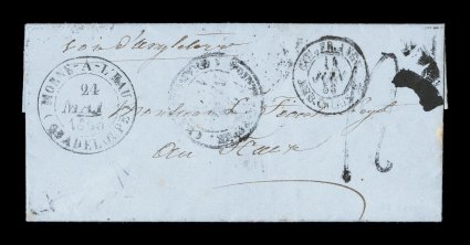 1856 Morne-a-lEau unpaid stampless entire letter to France, petite entire letter from the small village of Morne-a-lEeau with rare black Morne-a-lEauGuadeloupe24 Mai 1856
double-circle c.d.s. plus similar transit c.d.s. of Pointe-a-Pit