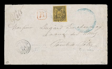 French Colonies Yvert 45, 1878 35c Violet black on yellow, Ty. II, attractive single with bright colors tied to registered 1884 entire folded court notice by
GuadeloupePointe-a-Pitre24 Fevr. 84 double-circle c.d.s., posted locally within Poi