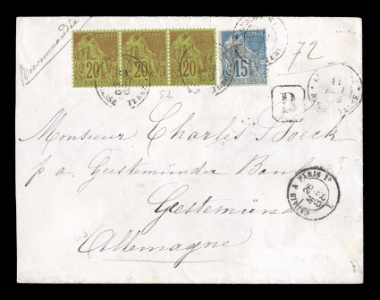 French Colonies Yvert 51, 52, 1881 15c Blue and 20c Brick red on green strip of three, well centered and attractive franking on double rate 1888 registered cover to Germany
paying 50c postage and 25c registry fee, stamps tied by light strikes of