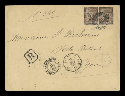 Yvert 9, 1889 Guadeloupe25centimes Provisional surcharge on 30c Brown, horizontal pair, very attractive franking on 1889 registered cover to France paying the 25c U.P.U. foreign
mail rate and 25c Registry fee, pair tied by black Guadeloupe